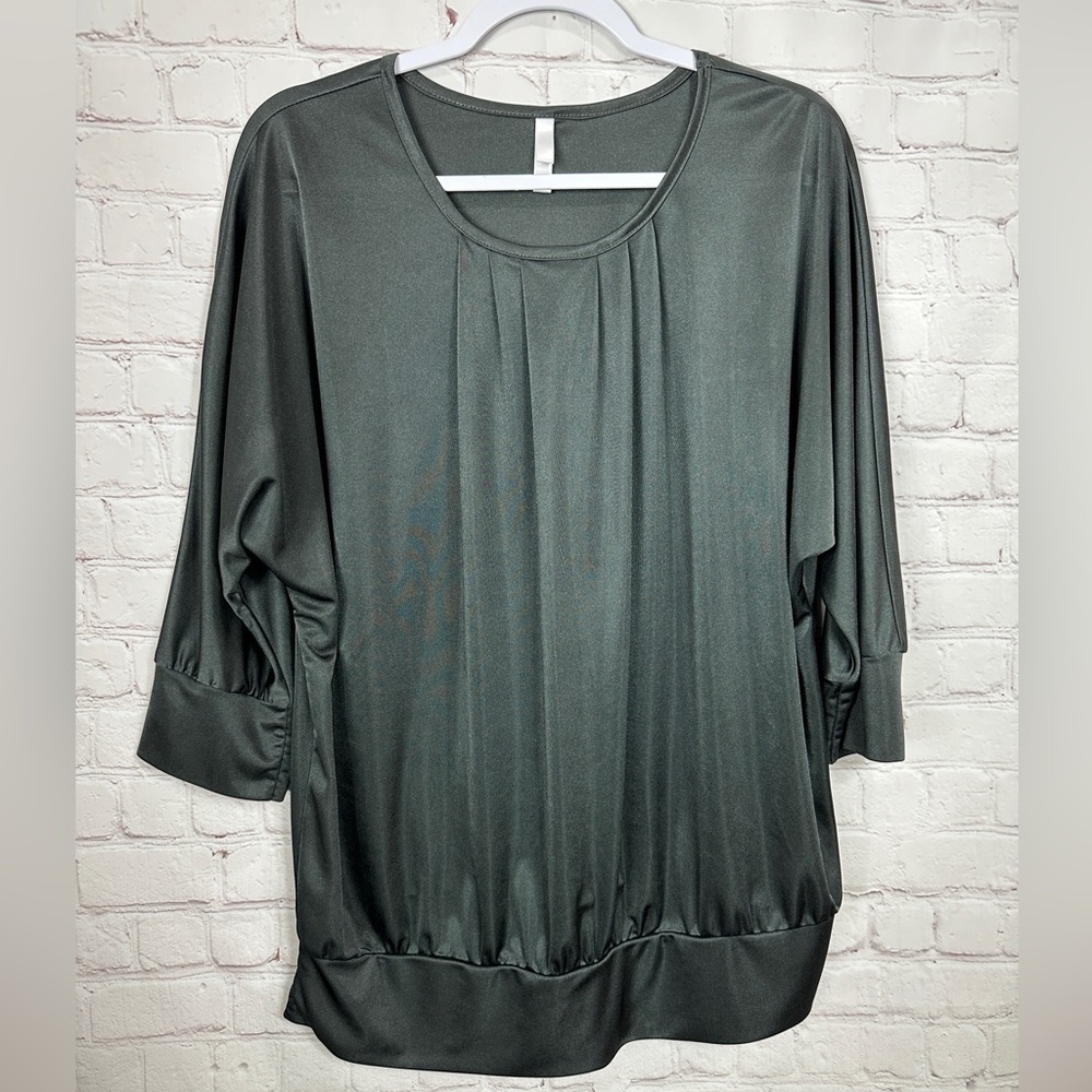 Unbranded black pleated shimmer shiny dolman sleeve women's blouse sz‎ L